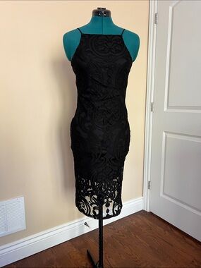 Black Halter Midi Dress with Lace Appliqué